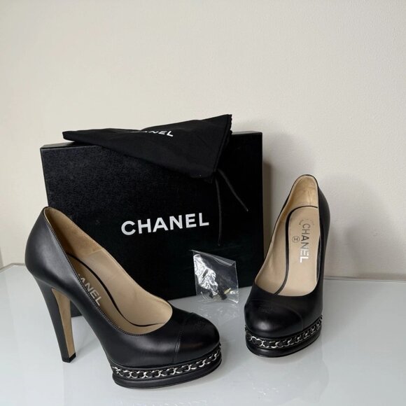 Chanel Black Leather Platform Silver Chain Pump Heel Shoes Sz 36 EU CC Cap Toe - Picture 1 of 12